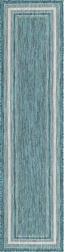 Unique Loom Outdoor Border Collection Area Rug - Soft Border (2' x 8' Runner, Teal/ Ivory) by GreenHaven Gardens
