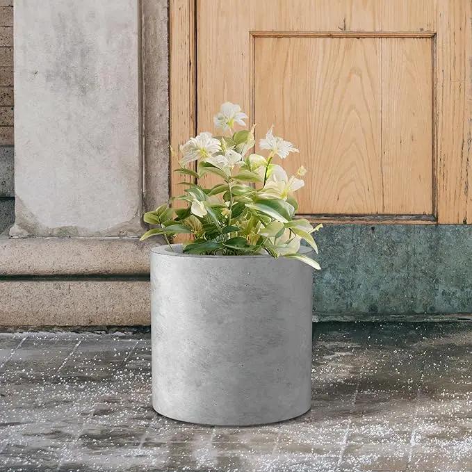 Kante 12.6" Dia Round Concrete Planter, Modern Style Large Cylindrical Plant Pot with Drainage Hole and Rubber Plug for Indoor Outdoor Patio, Natural Concrete by GreenHaven Gardens