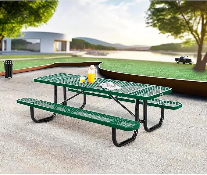 Global Industrial 8’L Rectangular Picnic Table, Expanded Metal, Green Thermoplastic Coating, Attached Benches, 1-1/2” Umbrella Pole Hole, Outdoor-Rated, 1000 lb Capacity, 96” x 30” Tabletop by GreenHaven Gardens