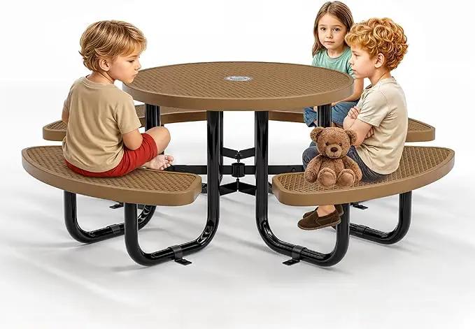 Metal Picnic Tables for Kids for Outdoors with Umbrella Hole - Coated Steel Heavy Duty Commercial Grade Table with Adjustable Seats (Brown, 38 in, Kids, Expanded Steel) by GreenHaven Gardens