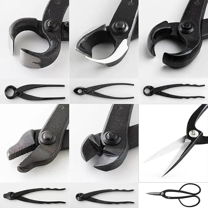 Wazakura Made in Japan 6PCS Bonsai Professional Tool Kit with Roll Bag: Yasugi Steel Ashinaga Scissor, Concave Branch Cutter, Knob Cutter, Jin Plier, Wire Cutter, Root Cutter. Bonsai Tool Set & Case