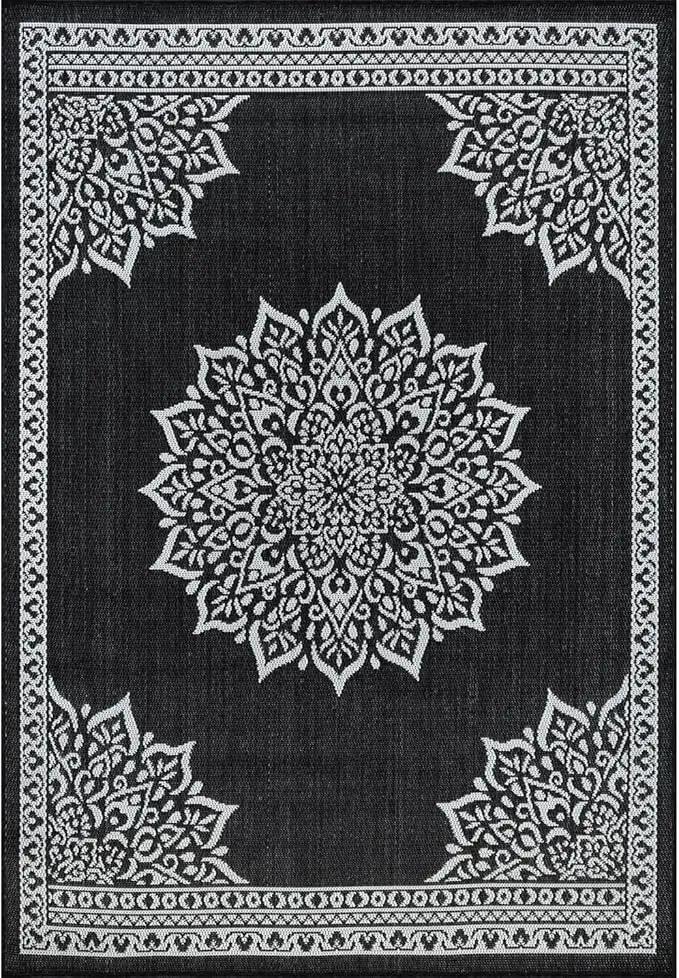 CAMILSON Indoor Outdoor Rug, 10x14 Medallion Black White Modern Area Rugs for Large Indoor and Outdoor Patios, Kitchen and Hallway Mats, Washable Porch Deck Outside Carpet (Medallion Black, 10 x 14) by GreenHaven Gardens