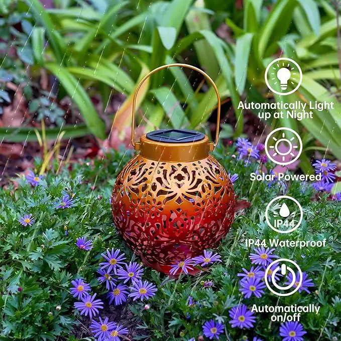 2 Pack Outdoor Solar Hanging Lantern Lights Metal LED Decorative Lamp for Garden Patio Courtyard Lawn and Table with Hollowed-Out Design (Sunset Blaze) by GreenHaven Gardens