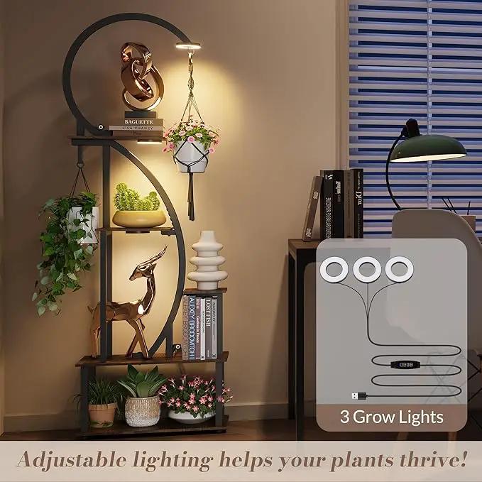 Indoor Plant Stand with Grow Lights, Half-Heart Shape Metal Shelf with Multiple Wood Boards and Hooks for Hanging & Potted Plants, Tall LED Display Rack for Living Room, Balcony Décor by GreenHaven Gardens