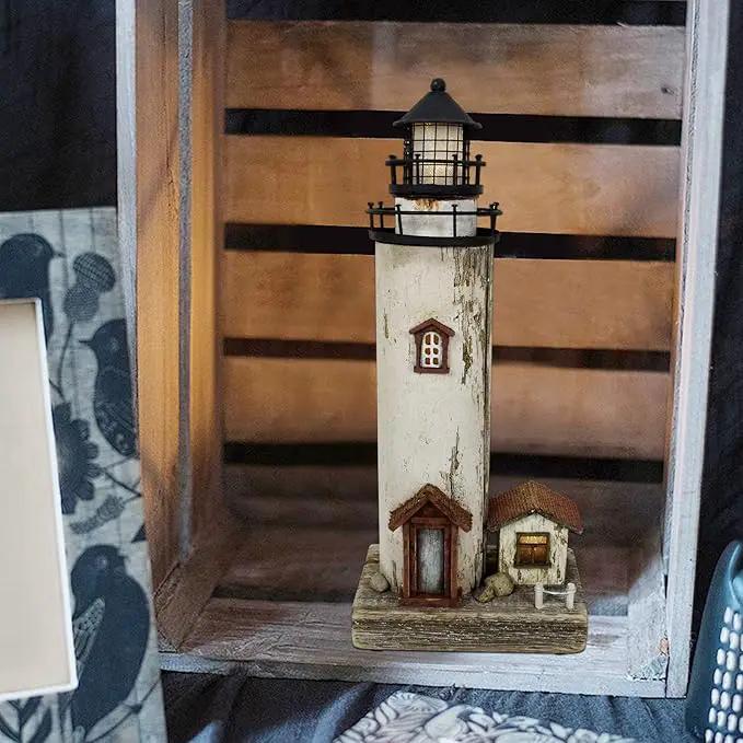 Wooden Lighthouse Decor with Light, Decorative Nautical Lighthouse Rustic Ocean Sea Beach Themed Lighthouse Decoration, Handcrafted Tabletop Nautical Themed Home Decor Bathroom Decor by GreenHaven Gardens