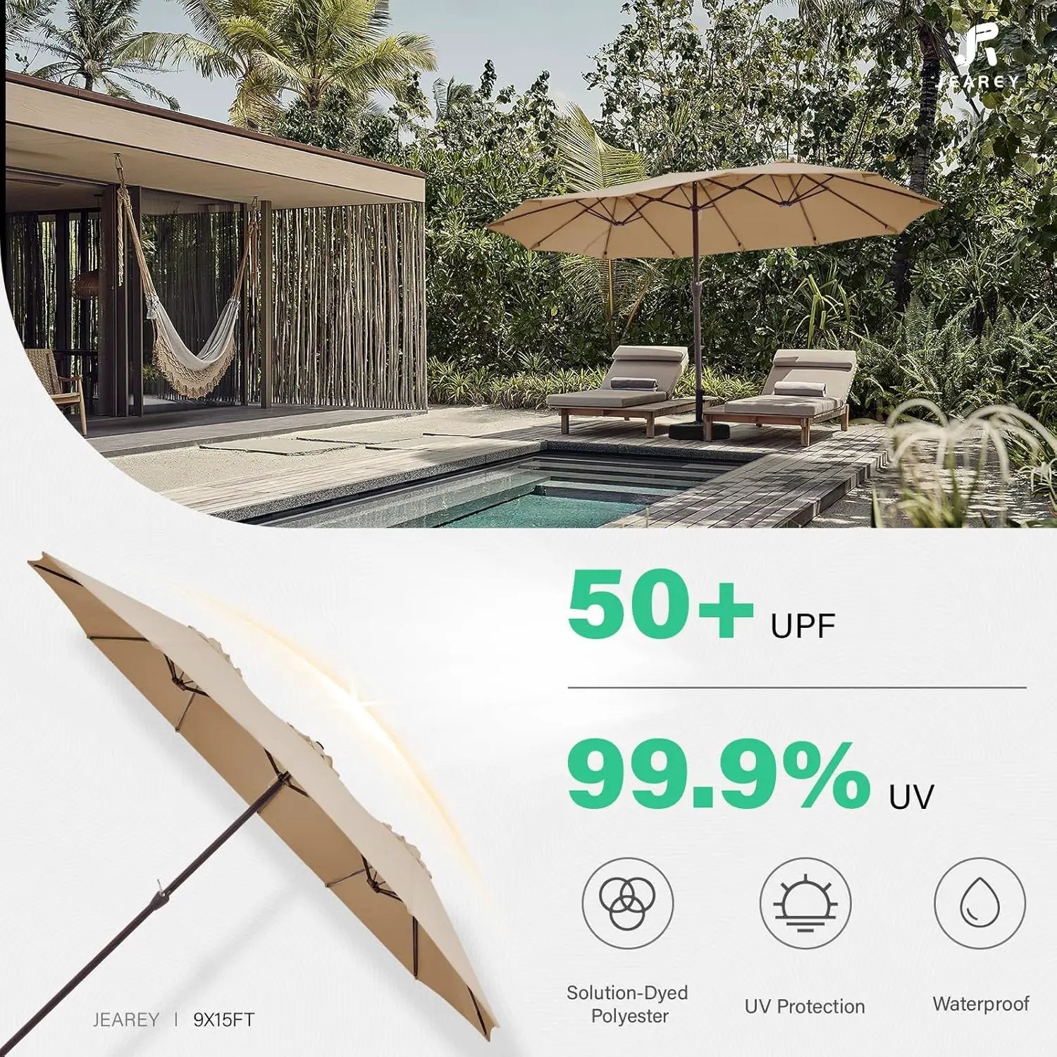 JEAREY 15FT Patio Umbrella Large Outdoor Umbrella Extra Double-Sided Market Umbrella with Crank Handle for Garden, Deck, Backyard and Pool, Beige by GreenHaven Gardens