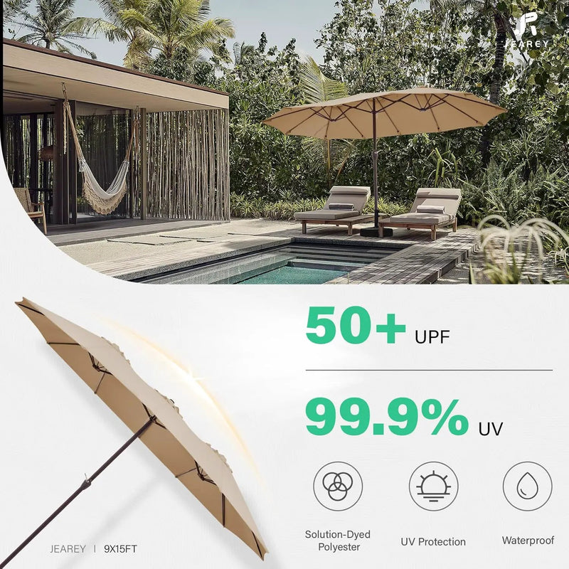 JEAREY 15FT Patio Umbrella Large Outdoor Umbrella Extra Double-Sided Market Umbrella with Crank Handle for Garden, Deck, Backyard and Pool, Beige by GreenHaven Gardens