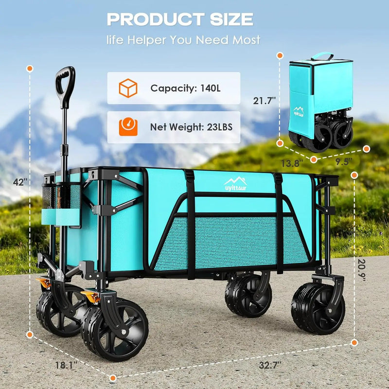 Collapsible Wagon Cart Heavy Duty Foldable, Folding Beach Wagon with Big Wheels for Sand, Utility Grocery Cart with Side Pocket and Brakes for Sports Outdoor Activities, Light Blue by GreenHaven Gardens