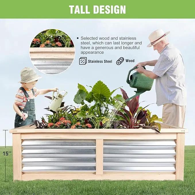 Wood Raised Garden Bed Outdoor Plant Box Planters for Outdoor 4X2X1.2 FT Plants with Galvanized Metal for Herbs Vegetables Flowers Great Patio Deck Balcony by GreenHaven Gardens