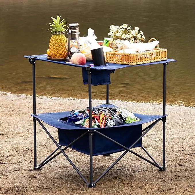Folding Camping Table, Portable Outdoor Picnic Table, Rectangular Lightweight Camp Table with Storage, Cup Holder and Carry Bag for Barbeque Beach Camping and Tailgate by GreenHaven Gardens