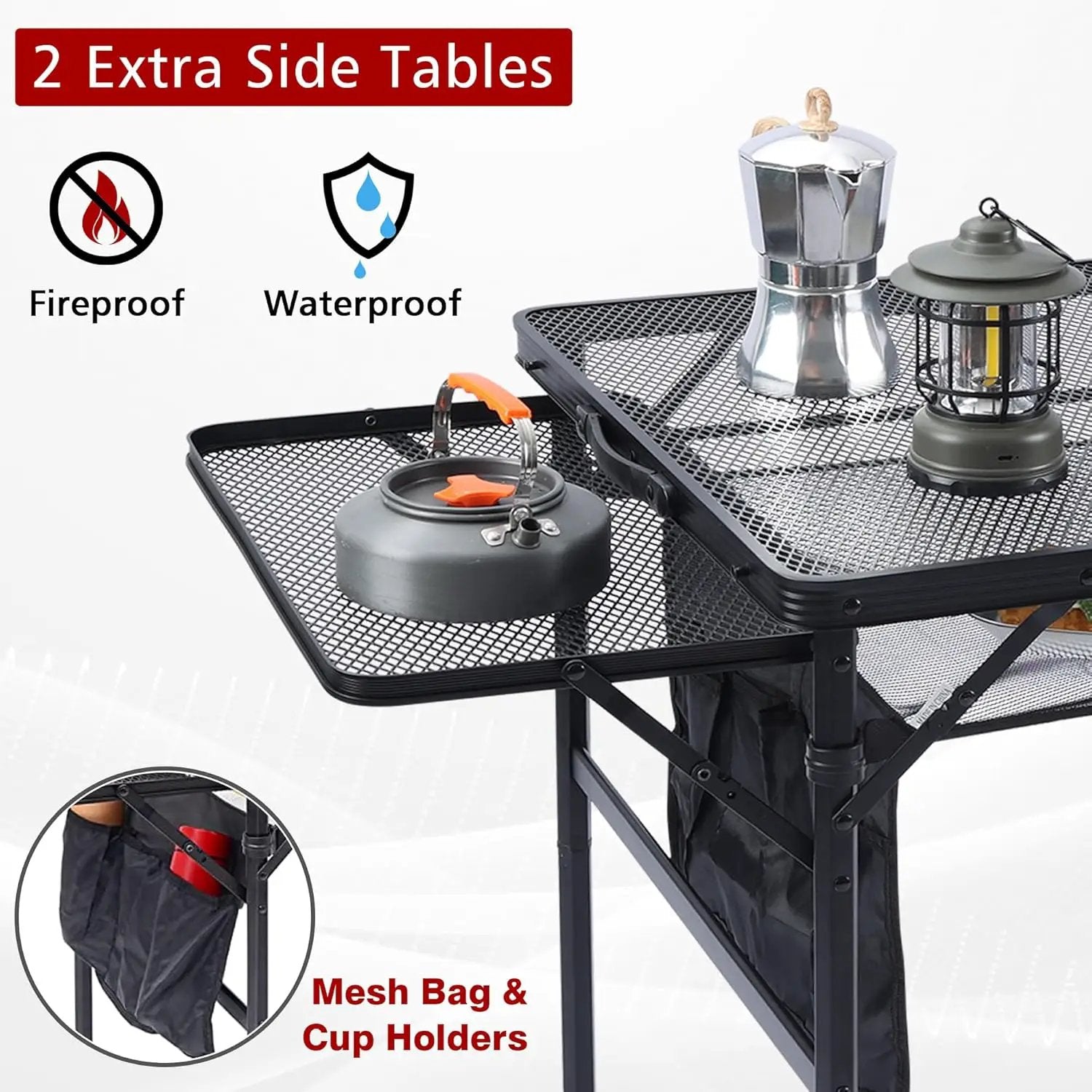 Folding Grill Table, 3x2 FT Portable Camping Table with 2 Wing Panels, Height Adjustable Metal Tables with Mesh Desktop and Mesh Bag, Outdoor Furniture for Camping, Picnic, Beach and BBQ, Black by GreenHaven Gardens