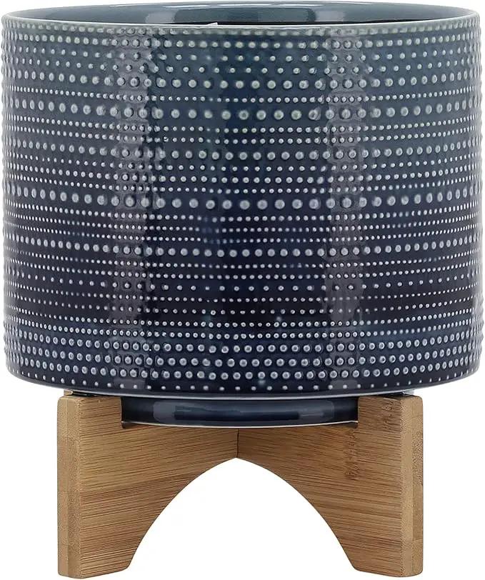 Sagebrook Home Textured Ceramic Planter with Wood Stand, Elevated Indoor/Outdoor Planter, Blue with Gray Dots, 8 L x 8 W x 10 H by GreenHaven Gardens