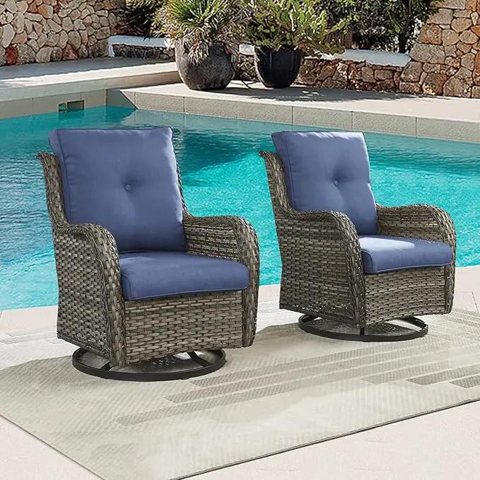 Outdoor Patio Swivel Rocker Chairs - Wicker Rattan Patio Swivel Rocking Chairs Set of 2 with High Back,Deep Seating and Comfort Cushions for Deck Porch Garden,Mixed Grey/Blue by GreenHaven Gardens