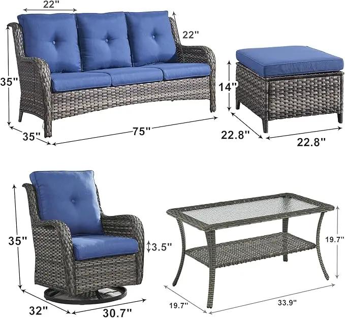 Outdoor Wicker Patio Furniture Set - 6 Piece Rattan Patio Conversation Set with 2 Rocking Swivel Chairs,2 Ottomans,1 Sofa and 1 Coffee Table for Porch Deck Backyard Garden(Mixed Grey/Blue) by GreenHaven Gardens