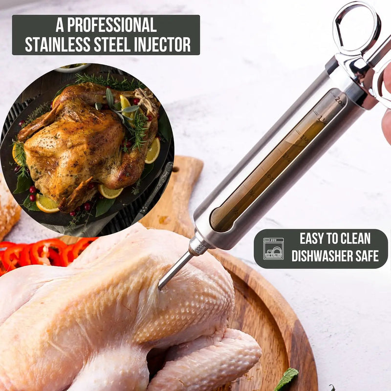 Professional Meat Injector Marinade Syringe Kit for Smoking & Grilling Turkey, Brisket & BBQ - Large 2 Oz Visible Stainless Steel Capacity - Never Leaks or Clogs + Safe Grill Cleaner & Flavor Brush by GreenHaven Gardens