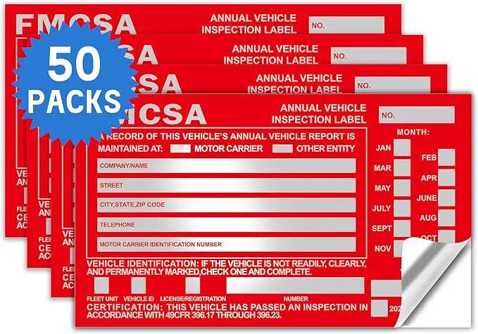 50-Pack Annual Vehicle Inspection Label 1.6 mil Aluminum Red FMCSA Label with Permanent Self Adhesive 6" x 3.5" DOT Compliant by GreenHaven Gardens