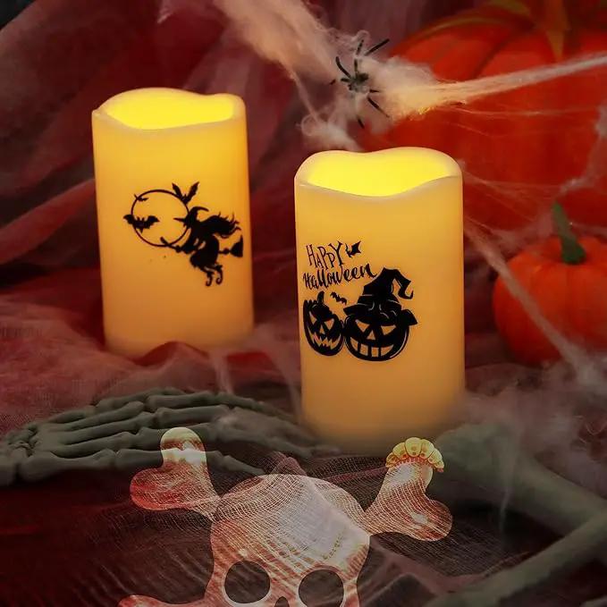 Halloween Outdoor Battery Operated Flameless Pillar Candles with Auto Daily Timer Waterproof Realistic Flickering Electric LED Lights with Pumpkin Witch Decals Halloween Decorations 2 Pack 3X5” by GreenHaven Gardens