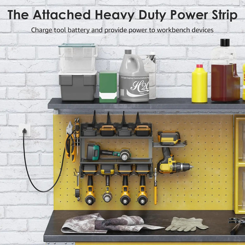 CCCEI Modular Power Tool Organizer Wall Mount Charging Station, Grey 6 Drills Holder with 8 Plug Power Strip 10FT, Garage Drill Battery Heavy Duty Metal Shelf, Utility Rack with Hooks, Side Storage. by GreenHaven Gardens