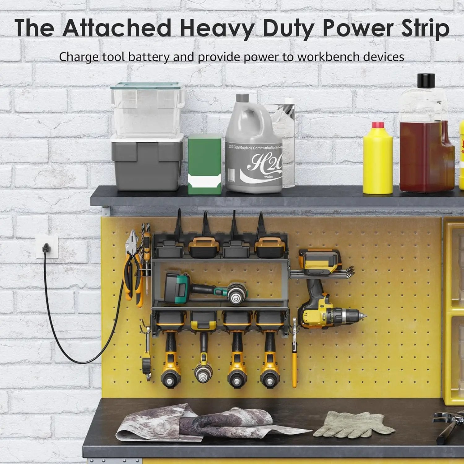 CCCEI Modular Power Tool Organizer Wall Mount Charging Station, Grey 6 Drills Holder with 8 Plug Power Strip 6FT, Garage Drill Battery Heavy Duty Metal Shelf, Utility Rack with Hooks, Side Storage. by GreenHaven Gardens