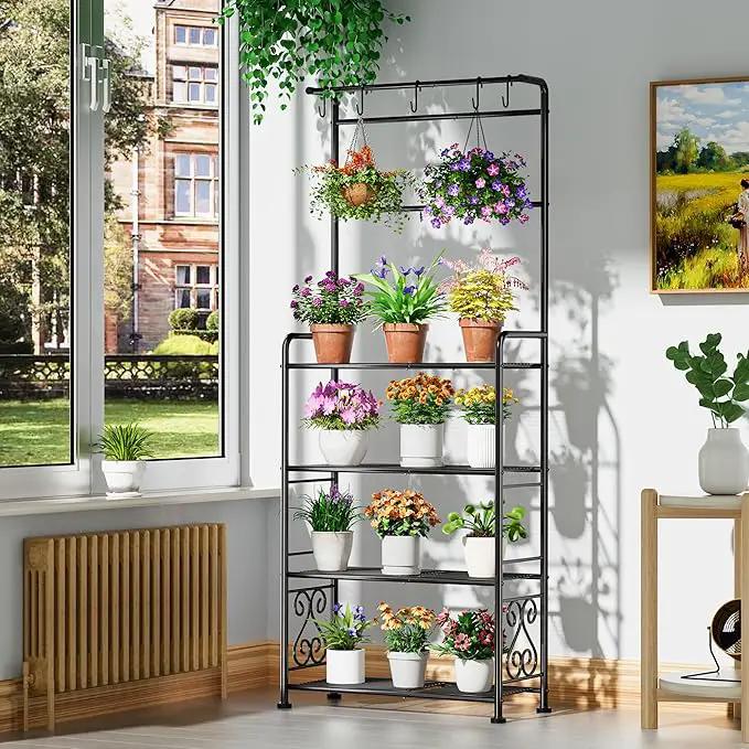 Plant Stand Indoor Outdoor Heavy Duty Metal - 68.4" Tall 4-Tier Shelf for Multiple Plants, Flowers, Rustproof Black Storage Rack for Patio, Balcony, Living Room, Garden, Includes Hooks&Adjustable Feet by GreenHaven Gardens