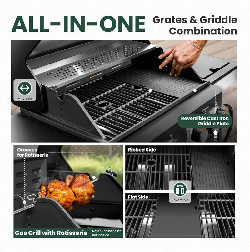 2 in 1 Propane Gas BBQ Grill with Side Burner & Porcelain-Enameled Cast Iron Grate, 4-Burner Flat Top Griddle, 46,700 BTU Outdoor Barbecue Propane Griddle Grill Combo for Camping, Patio, Backyard by GreenHaven Gardens