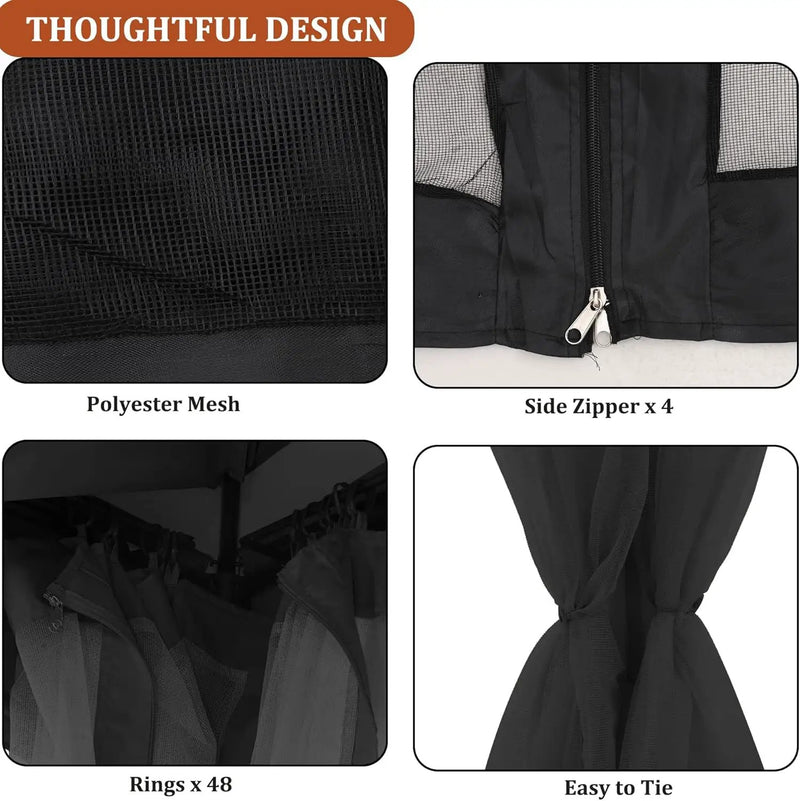 Gazebo Mosquito Netting Replacement 10' x 10' x 7'1'', Universal 4-Panel Screen Sidewall with Zipper, Black (Mosquito Net Only) by GreenHaven Gardens