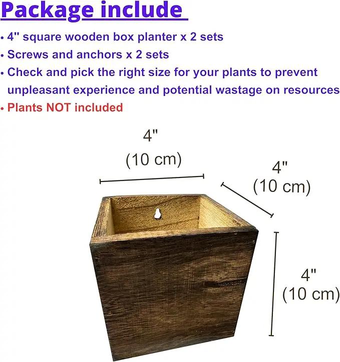 LaLaGreen Wood Planter Box for Plants (2 Pack, 4x4 Inch) Small Square Wall Planters for Indoor Plant, Window Hanging Flower Pot Wooden Boxes for Table Centerpiece Herb Balcony Home Garden Office Decor by GreenHaven Gardens