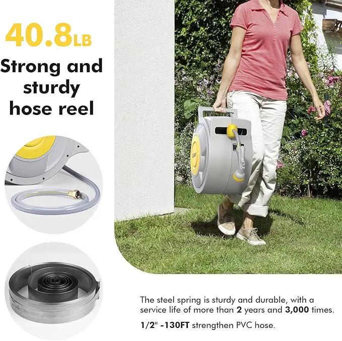 BLUBERY 130+6.7ft x 1/2" Retractable Garden Hose Reel, 40.8LB Super Heavy Duty, Any Length Lock, Slow Return System, Wide Handle, Wall Mounted and 180° Swivel Bracket, GHR02A by GreenHaven Gardens