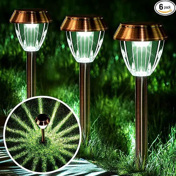 Solar Pathway Lights Outdoor Waterproof, 6 Pack Solar Outdoor Lights Bright Up to 12 Hrs, Garden Light LED Landscape Lighting Copper Stainless Steel Walkway Light, Warm White by GreenHaven Gardens