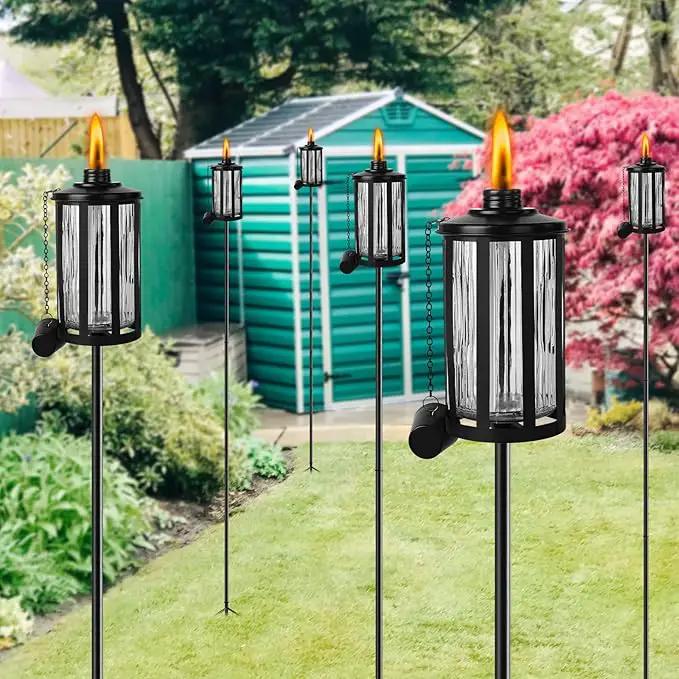 4 Pack Glass Citronella Torches, 16 oz Garden Torches for Outside with 3-Prong Grounded Stake, 55 inch Outdoor Clear Glass Flame Light Torch for Yard, Patio, Deck, Garden, Party, Landscape by GreenHaven Gardens