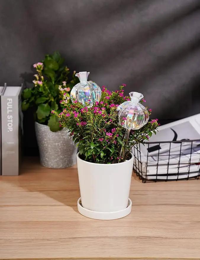 NiHome Plant Watering Globes 2-Pack, Iridescent Glass Cactus Self Watering Globe, Glass Waterer for Potted Plants - 4.7OZ/140 ML Capacity Automatic Mini Irrigation System, Adorable Gardening Gift by GreenHaven Gardens