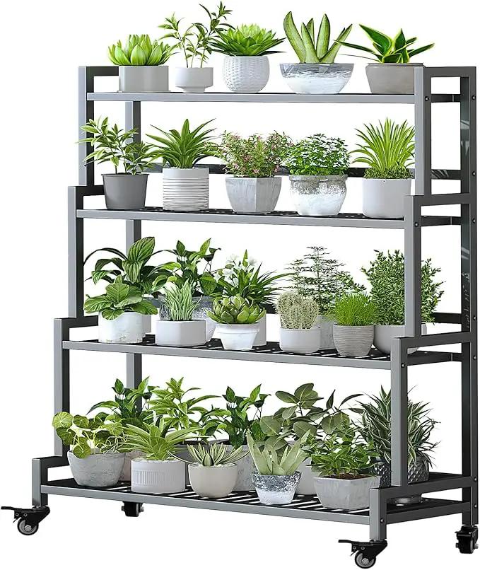 YIZAJIA Plant Stand Indoor 4 Tier Metal Outdoor Tiered Stands Shelf With wheel for Multiple Plants Potted Ladder Plant Holder Table Plant Pot Stand for Window Garden Balcony Living Room (4 Tier-Black) by GreenHaven Gardens