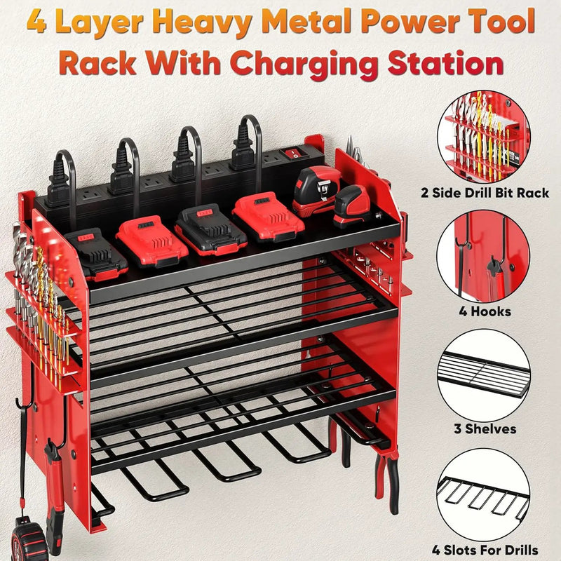 Power Tool Organizer Wall Mount with Charging Station,Tool Storage Rack with 8 Outlet Power Strip,Heavy Duty Metal Battery Utility Rack with 4 Cordless Drill Holder 6.56 Ft Cord for Garage by GreenHaven Gardens