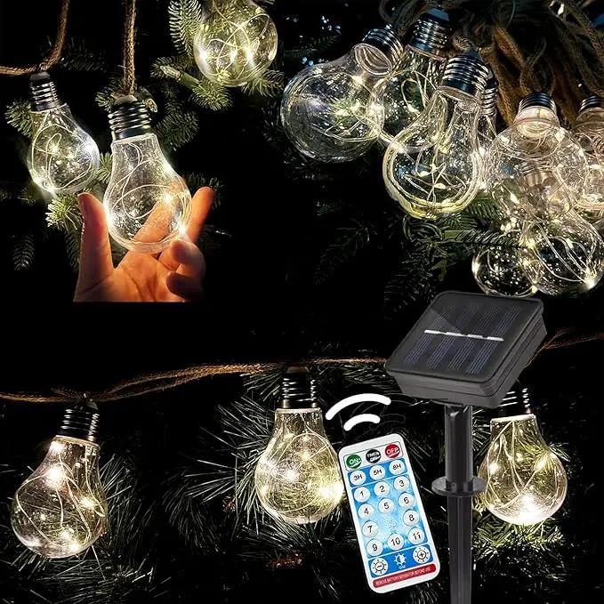 30FT Solar String Lights Outdoor Waterproof with Remote, 20 Edison Shatterproof Bulbs String Lights for Outside, Hemp Rope Solar Powered Lights with 8 Modes for Fence Tree Cafe Bistro Party by GreenHaven Gardens