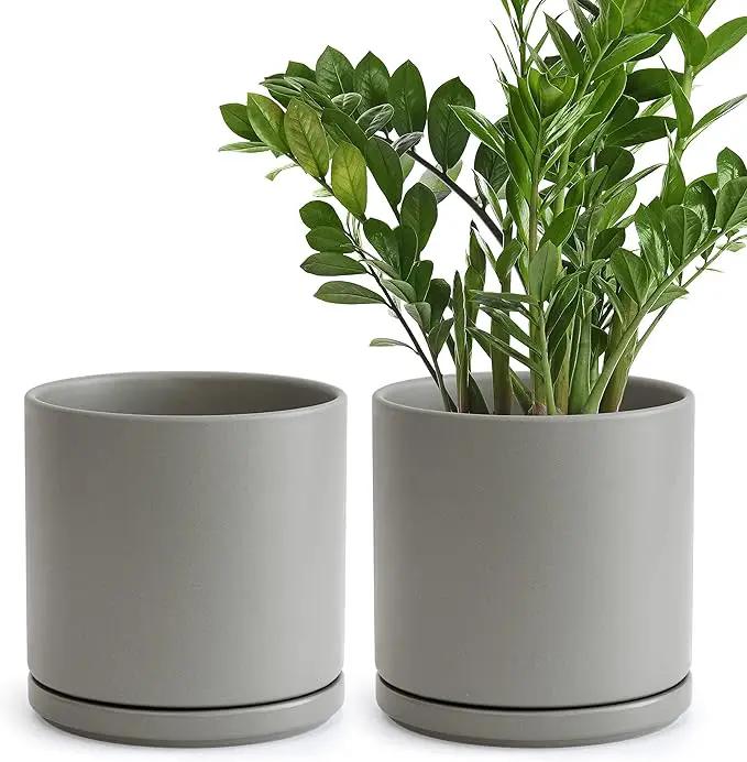 Set of 2 Plants Pots, 8 Inch Ceramic Planter Pot for Plants with Drainage Hole and Saucer, Speckled Grey, 94-V-D-3 by GreenHaven Gardens