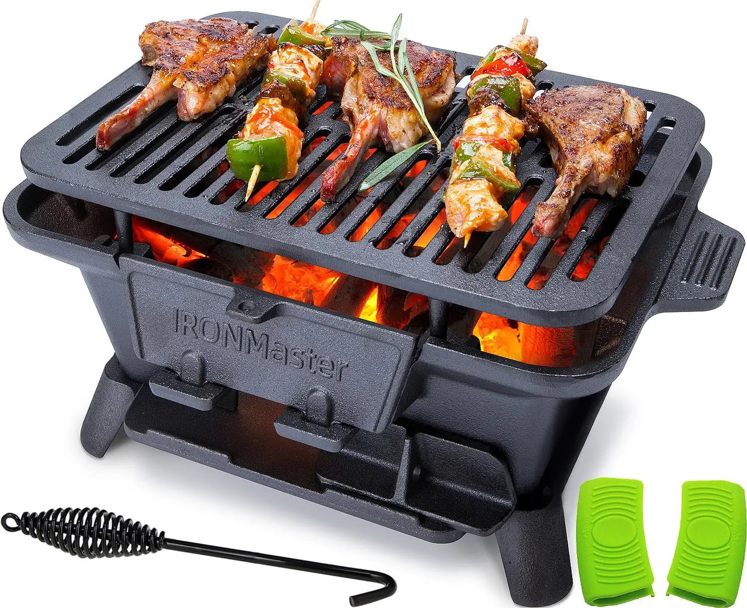 IronMaster Hibachi Grill Outdoor, Small Portable Charcoal Grill, Pre-Seasoned Cast Iron, Japanese Yakitori Camping Grill - 2 Heights, Air Control, Coal Door by GreenHaven Gardens