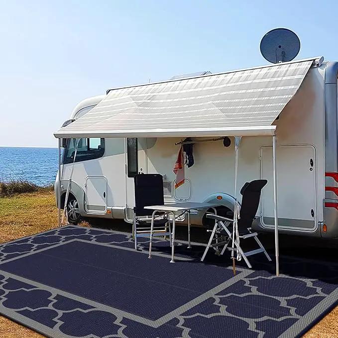 GENIMO 10 ' x 14 ' Outdoor Rug Waterproof for Patio Decor, Foldable Reversible Plastic Straw Area Rugs Mat for Camper, Outside Carpet for Rv, Deck, Porch, Picnic, Beach, Balcony, Blue & Grey by GreenHaven Gardens