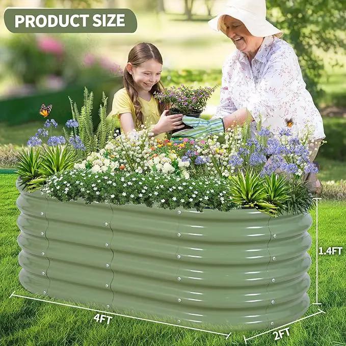 Galvanized Raised Garden Bed - 4x2x1.4FT Metal Planter Boxes Outdoor | Oval Steel Raised Bed Kit for Gardening with Protective Tape, Gloves for Vegetables, Flower, Herb (Green) by GreenHaven Gardens