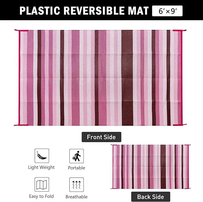 Outdoor Waterproof Rug 6'x9' Plastic Straw Rugs Washable Reversible Floor Mat Pink Stripe Carpet for Camping RV Deck Entryance Porch Picnic Balcony Beach Backyard by GreenHaven Gardens