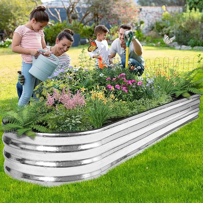 Galvanized Raised Garden Bed - 8×2×1ft Planter Raised Beds for Gardening | Oval Metal Garden Planter Box with Safety Edging and Bracing Rods for Vegetables Fruits and Flowers - Silver by GreenHaven Gardens