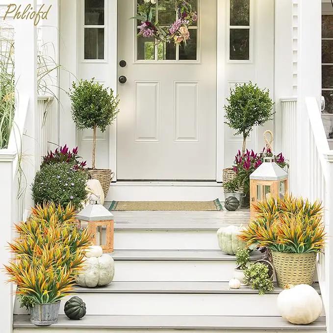 6Pcs Artificial Grass Fake Plants 17.3in Outdoor Plastic Plants UV Resistant Greenery Fake Grass for Home Window Garden Office Patio Hanging Planter Pathway Front Porch Décor Orange Yellow by GreenHaven Gardens