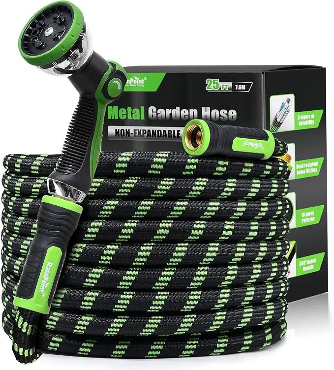 RAINPOINT Metal Garden Hose 25 ft - No-kink 304 Steel Water Hose with 10 mode Nozzle - Brass Connection, Swivel Handle, Flexible Hose,Lightweight, Puncture by GreenHaven Gardens