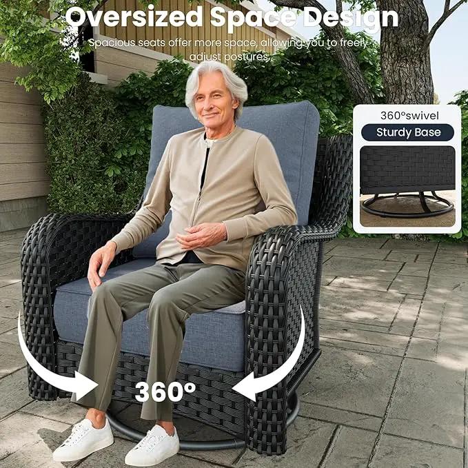 3 Pieces Outdoor Patio Furniture Sets with Single Chairs with 6-inch Thick Cushion and Side Table for Deck Lawn by GreenHaven Gardens