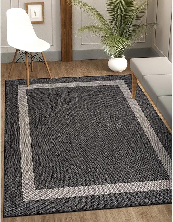 CAMILSON Outdoor Rug 6x9,Modern Outside Rugs for Patios Porches Waterproof Durable Washable Non-Shedding, Easy-to-Clean Indoor Outdoor Area Carpet (6 x 9, Bordered - Dark Gray/Light Gray) by GreenHaven Gardens