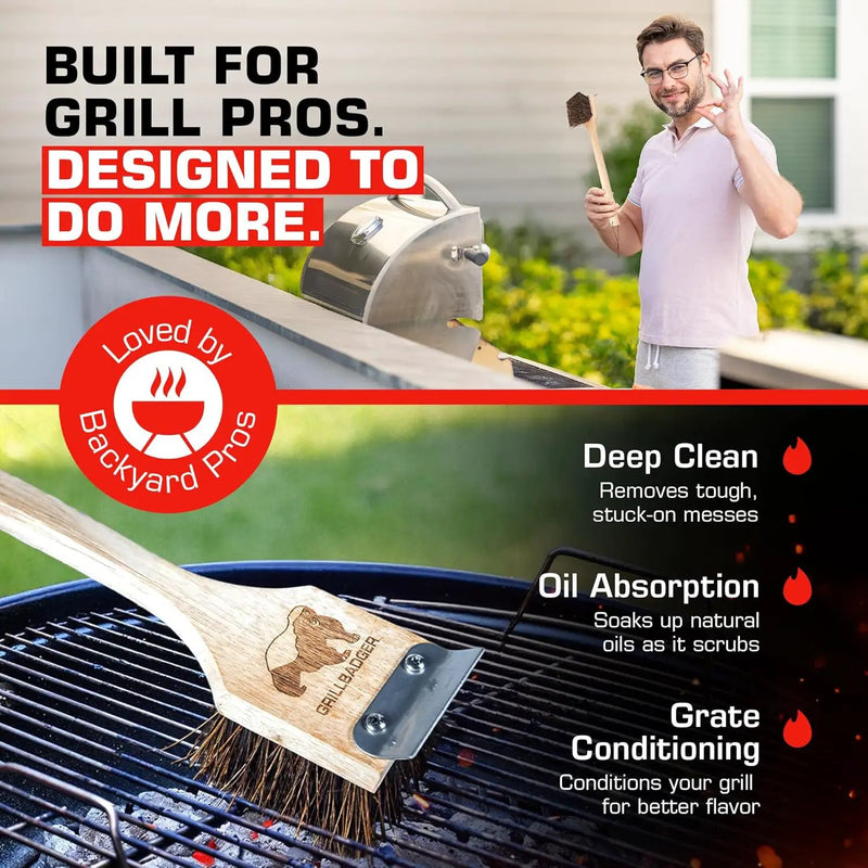 Natural Grill Brush Non Metal Bristles - Durable Non Metal Grill Brush Outdoor Grills Wooden Handle BBQ Cleaning Non-Wire High Temp Cleaner for Cast Iron Grates Safer Scrubber Tools by GRILLBADGER by GreenHaven Gardens