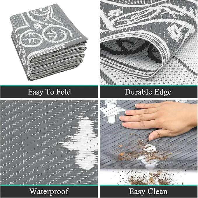 Pauwer Waterproof Outdoor Rug 6x9, Reversible Plastic Straw Patio Camping Rug, Indoor Outdoor RV Mat Carpet for Deck, Camper, Porch, Balcony, Backyard, Picnic, Bordered Grey by GreenHaven Gardens