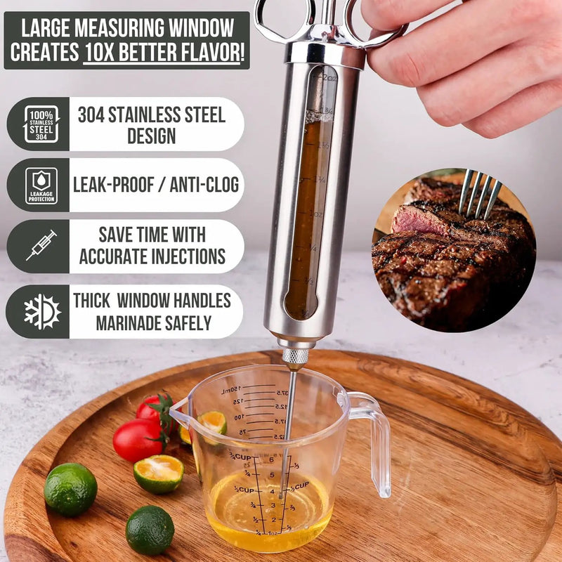 Professional Meat Injector Marinade Syringe Kit for Smoking & Grilling Turkey, Brisket & BBQ - Large 2 Oz Visible Stainless Steel Capacity - Never Leaks or Clogs + Safe Grill Cleaner & Flavor Brush by GreenHaven Gardens