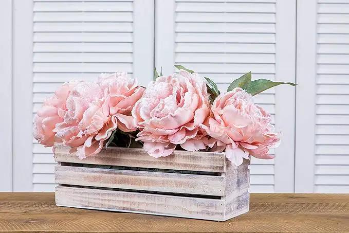 Wood Planter Box with Wine Crate Styled, 12x4 Inch Rectangular, Whitewash, Plastic Liner, Garden Centerpiece Display, Wedding Flowers Holder, Home and Venue Decor (12x4 Wine Crate Set of 4, Whitewash) by GreenHaven Gardens
