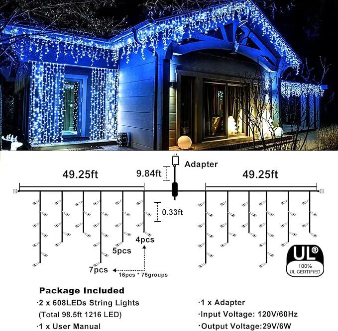 Christmas Icicle Lights Outdoor, 98FT 1216 LED Icicle String Lights with 8 Modes 228 Drops, Curtain Twinkle Lights for Bedroom House Holiday Party Wedding Decorations, Blue by GreenHaven Gardens