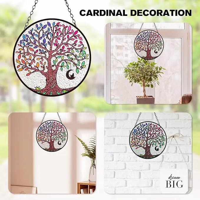 Artificial Trees of Life Suncatchers for Home Decorative Hanging Ornaments with Stick Hook for Window Hanging Hand-Painted Fake Plants Tree&Cat Memorial Gifts for Women 6.3'' * 6.3'' by GreenHaven Gardens